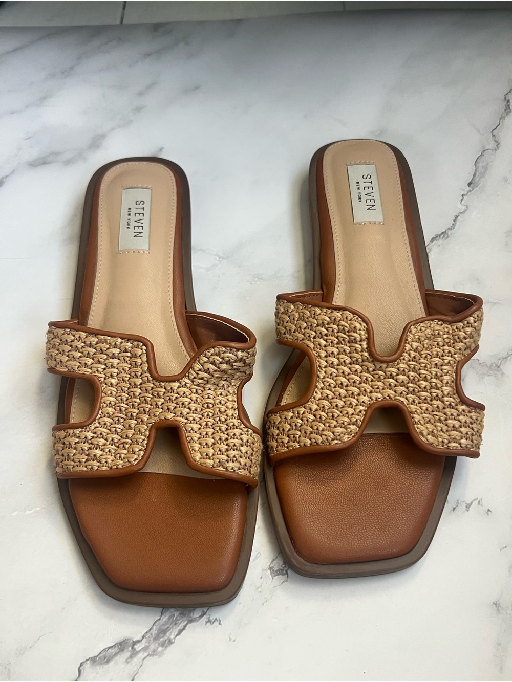Steven New York Tan Woven Slide Sandals